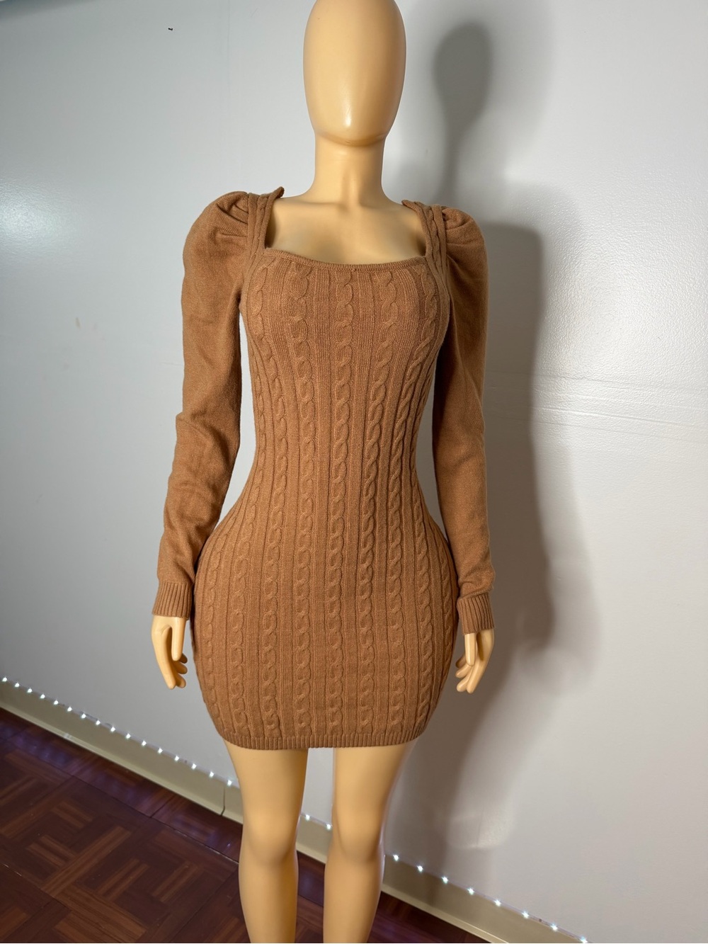 Cable Knit Long Sleeve Square Neck Mini Dress - Brown